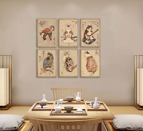 NBYARTQ 6Pcs Japanese Samurai Cat Wall Art Prints of Posters Japan Bushido Decor Kung Fu Paintings Tattoo Funny Fantasy Photo Picture Canvas Poster Painting for Living Room Print Bedroom Home Artwork - Image 5