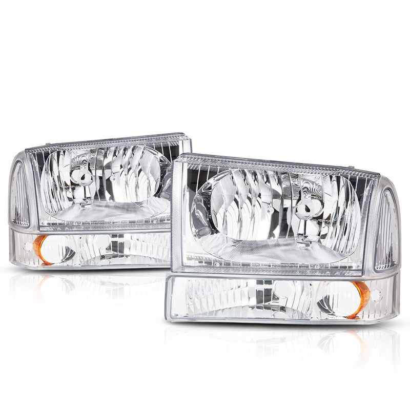 PM PERFORMOTOR Chrome Amber Headlights Replacement Compatible with 9904 Ford F250 F350 F450 F550 Super Duty 0004 Excursion PMHLFSUP99044POHCA