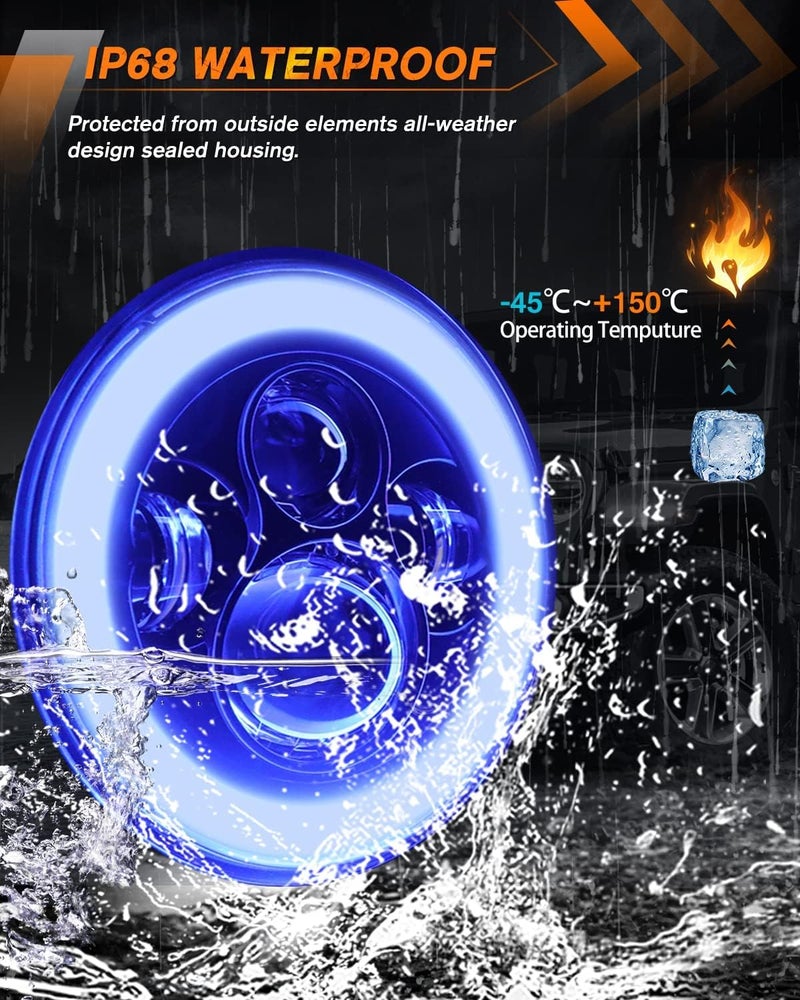 MGLLIGHT 7 Inch LED Headlights with Blue Halo Ring Amber Turn Signal Wrangler Headlights High/Low Sealed Beam Projector Compatible with JK LJ CJ TJ H6024 LED Headlamps, 2PCS Blue - Image 5