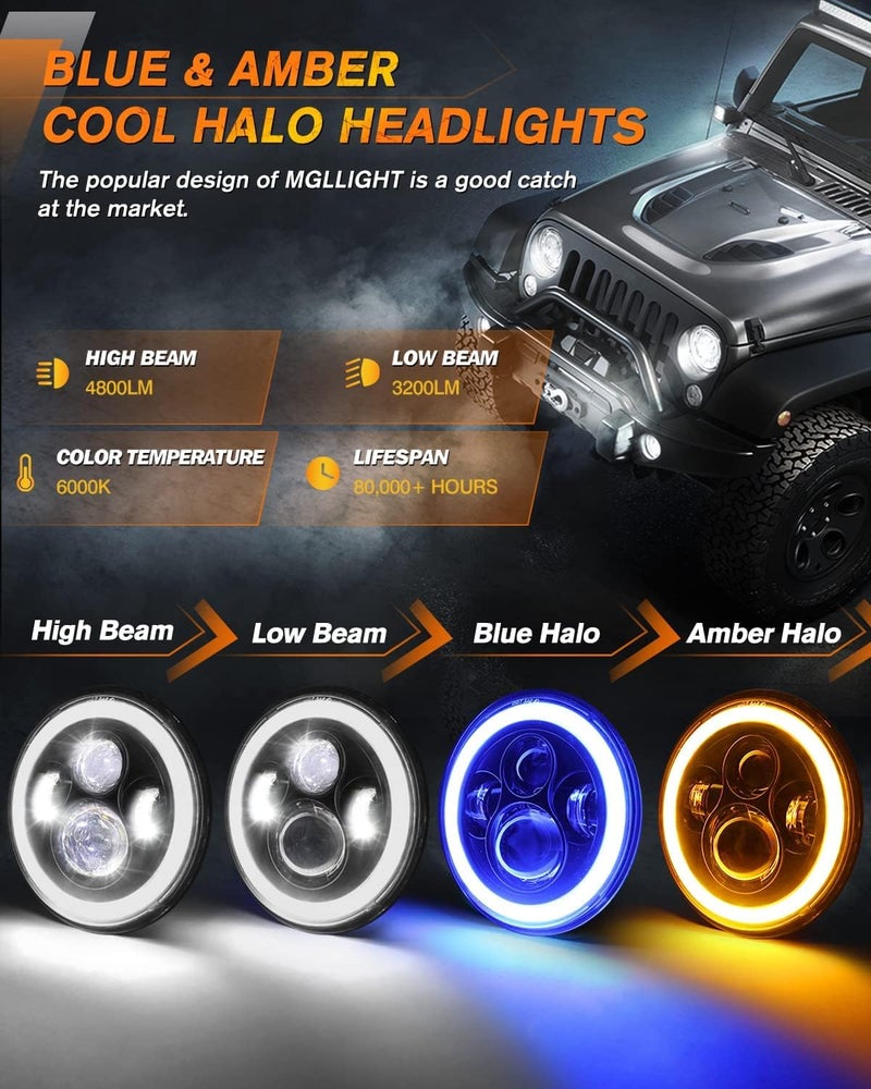 MGLLIGHT 7 Inch LED Headlights with Blue Halo Ring Amber Turn Signal Wrangler Headlights High/Low Sealed Beam Projector Compatible with JK LJ CJ TJ H6024 LED Headlamps, 2PCS Blue - Image 2