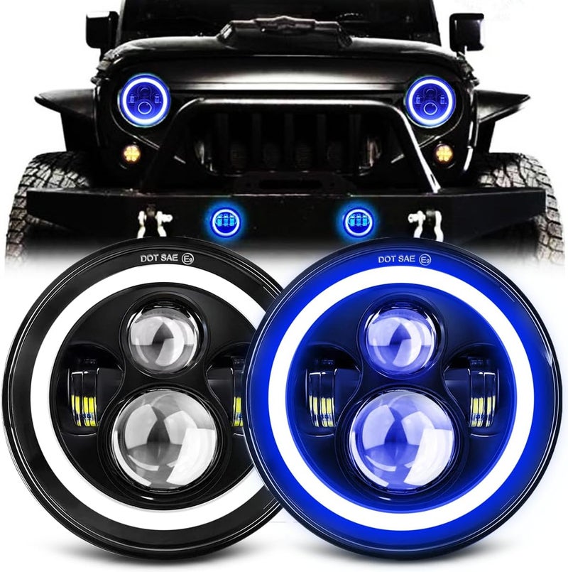 MGLLIGHT 7 Inch LED Headlights with Blue Halo Ring Amber Turn Signal Wrangler Headlights High/Low Sealed Beam Projector Compatible with JK LJ CJ TJ H6024 LED Headlamps, 2PCS Blue - Image 1