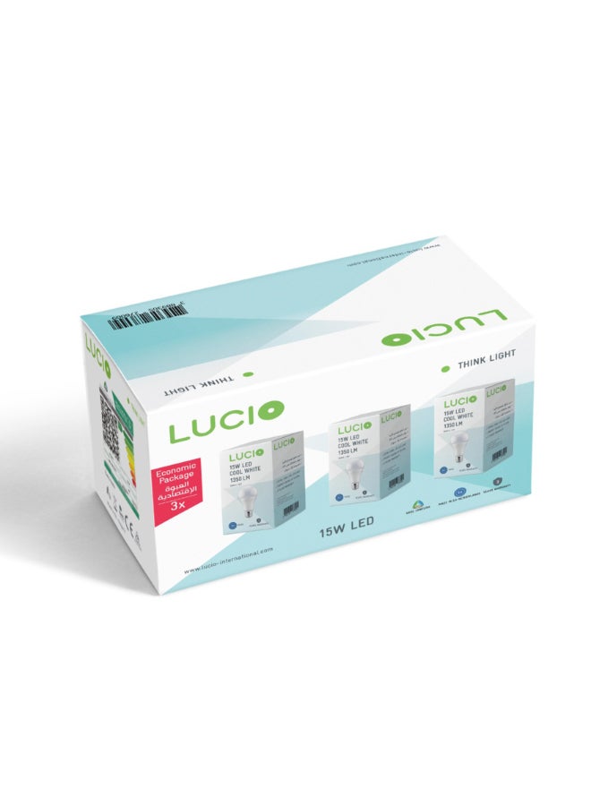 Lucio 3-Piece 6500K 15W E27 LED Bulb Cool White 14.1 x 21.3 x 13.7 cm 3829725276500-3PCS - Image 1