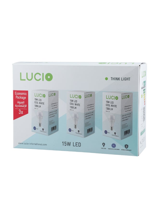 Lucio 3-Piece 6500K 15W E27 LED Bulb Cool White 14.1 x 21.3 x 13.7 cm 3829725276500-3PCS - Image 3