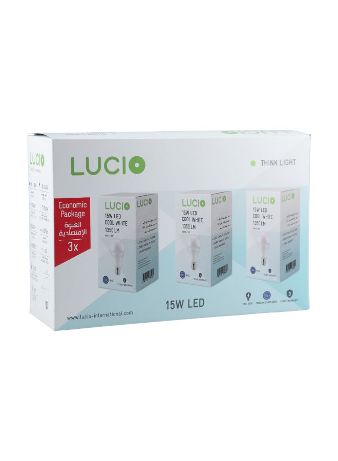 Lucio 3-Piece 6500K 15W E27 LED Bulb Cool White 14.1 x 21.3 x 13.7 cm 3829725276500-3PCS - Image 4