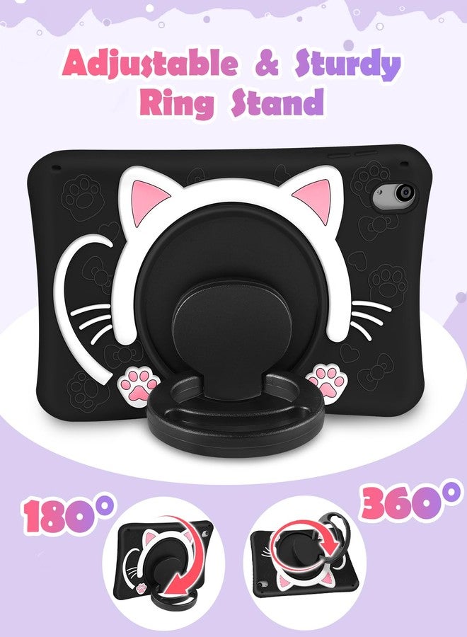 Wazzasoft for iPad A16 Case/10th Generation Case - Soft Silicone Tablet Cover for iPad 11th 11 Inch/10th 10.9 Inch Girls Women 3D Cartoon Cute Black Cat Kitten with Rotating Stand & Strap - Image 4