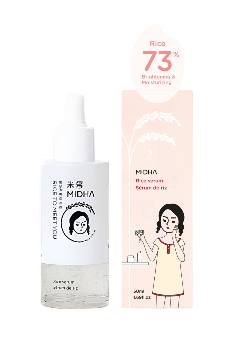 MIDHA Rice Serum 50ml is a lightweight, daily-use serum that helps firm, hydrate, and brighten the skin. It deeply moisturizes while improving elasticity and skin texture.  The serum also supports the skin barrier, protects against environmental stress, and visibly reduces the appearance of fine lines. - Image 2