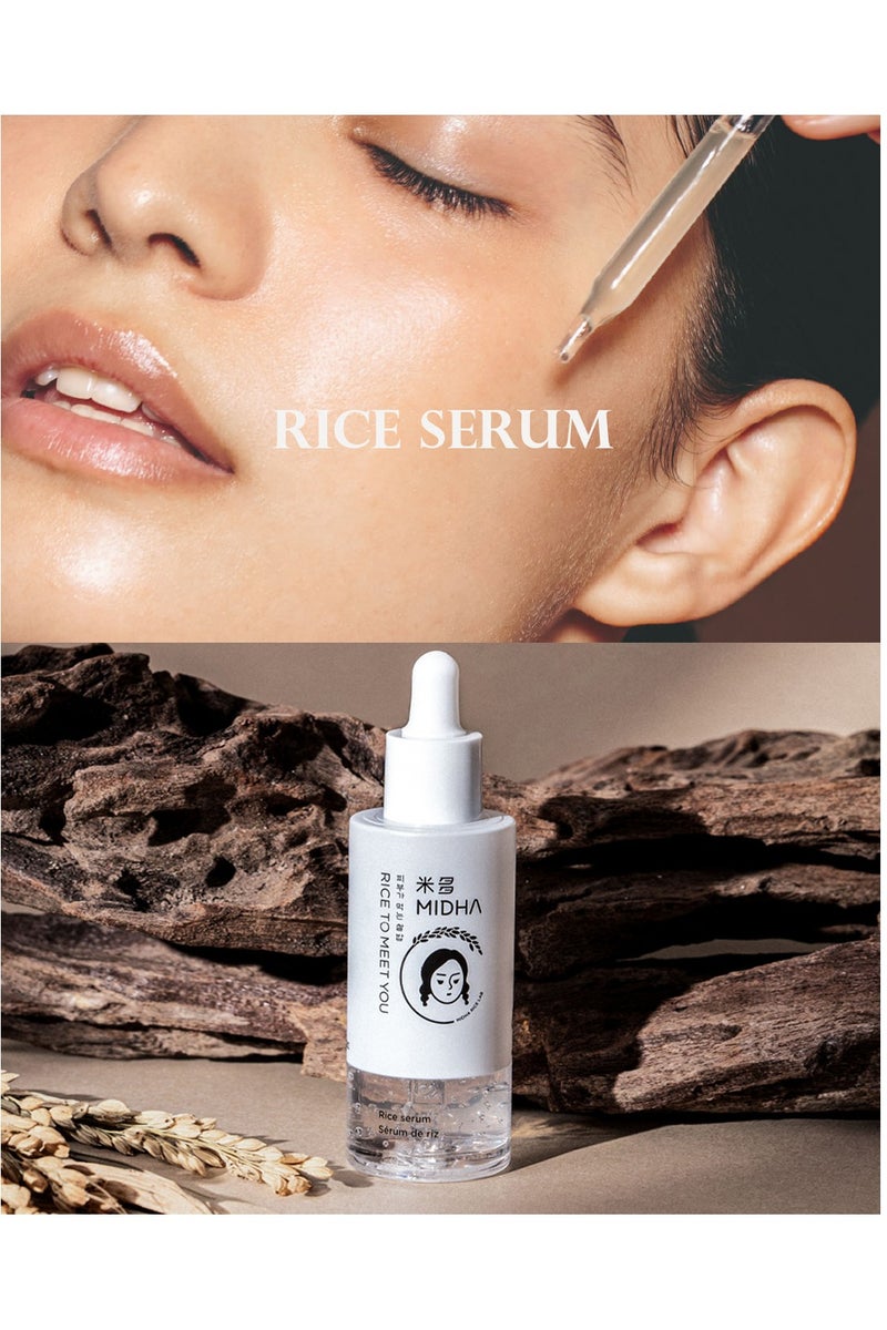MIDHA Rice Serum 50ml is a lightweight, daily-use serum that helps firm, hydrate, and brighten the skin. It deeply moisturizes while improving elasticity and skin texture.  The serum also supports the skin barrier, protects against environmental stress, and visibly reduces the appearance of fine lines. - Image 4