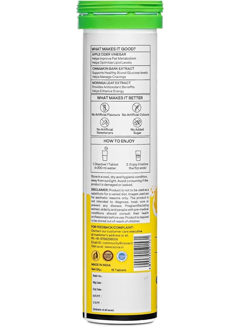 OZiva ACV Moringa | Control Cravings I Apple Cider Vinegar, Cinnamon, Guggul I No Maltodextrin & No Added Sugar I 15 Effervescent Tablets - Lemon Masala, (15 tablets) - Image 5