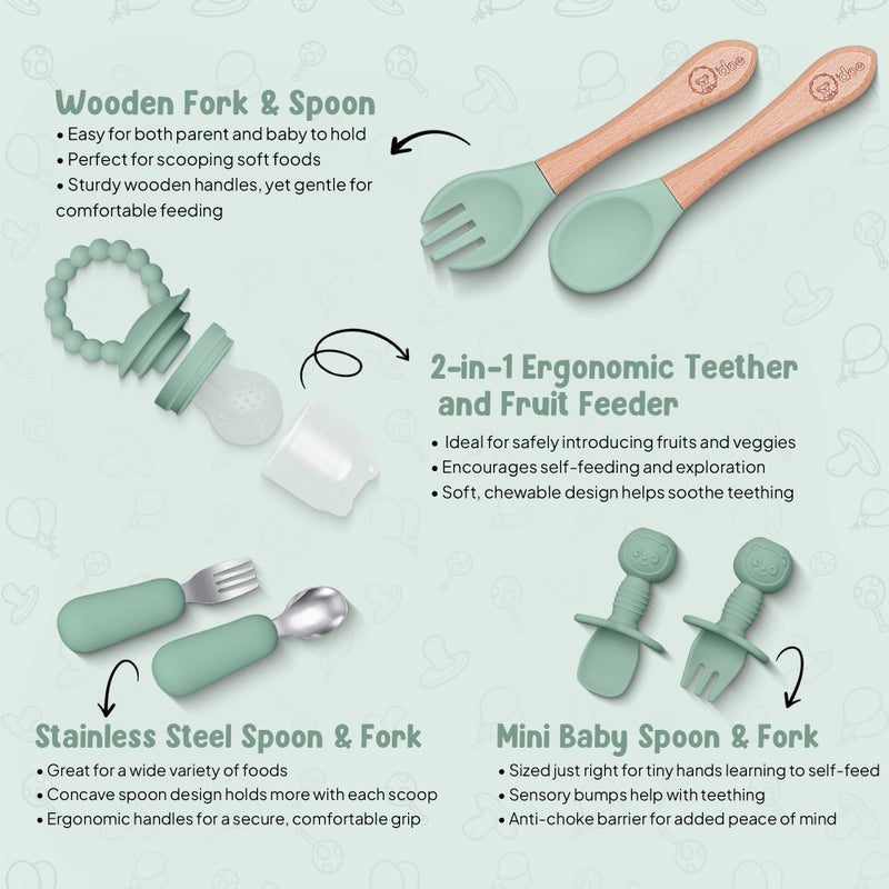 O'Doe 17-Piece Bpa-Free Silicone Baby Feeding Set | Thick & Soft Suction Plates  Baby Bowls  Wooden Fork & Spoon  And More | Make Mealtime Fun And Easy For Your Little One (Green  V2) - Image 4