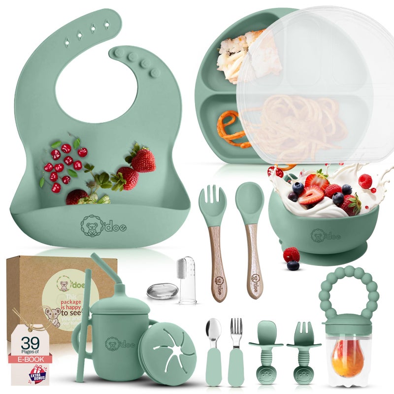 O'Doe 17-Piece Bpa-Free Silicone Baby Feeding Set | Thick & Soft Suction Plates  Baby Bowls  Wooden Fork & Spoon  And More | Make Mealtime Fun And Easy For Your Little One (Green  V2) - Image 1