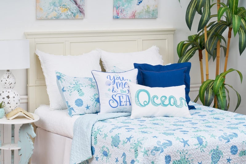 C&F Home CF Home Outlook Beach 3 Piece Reversible Coverlet Quilt Set  Coastal Blue Ocean Pattern with Seahorse Turtle Crab Octopus Starfish and Sand Dollar  Includes 2 Standard Shams 