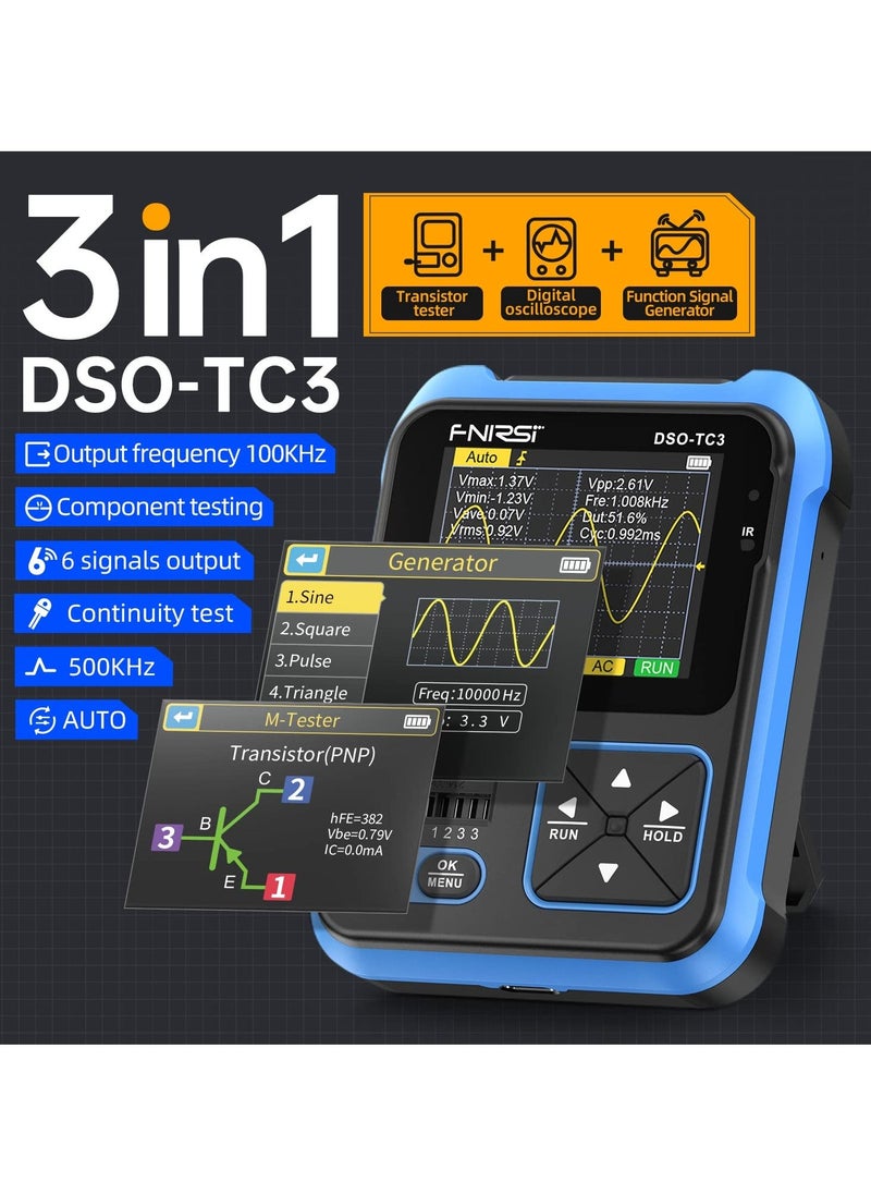 DSO-TC3 Oscilloscope - 3-in-1 Handheld Oscilloscope & DDS Signal Generator & Transistor Tester, 500Khz Bandwidth 10MSa/s Sampling Rate, 6 Types of Waveforms, Transistors Measure - Image 2