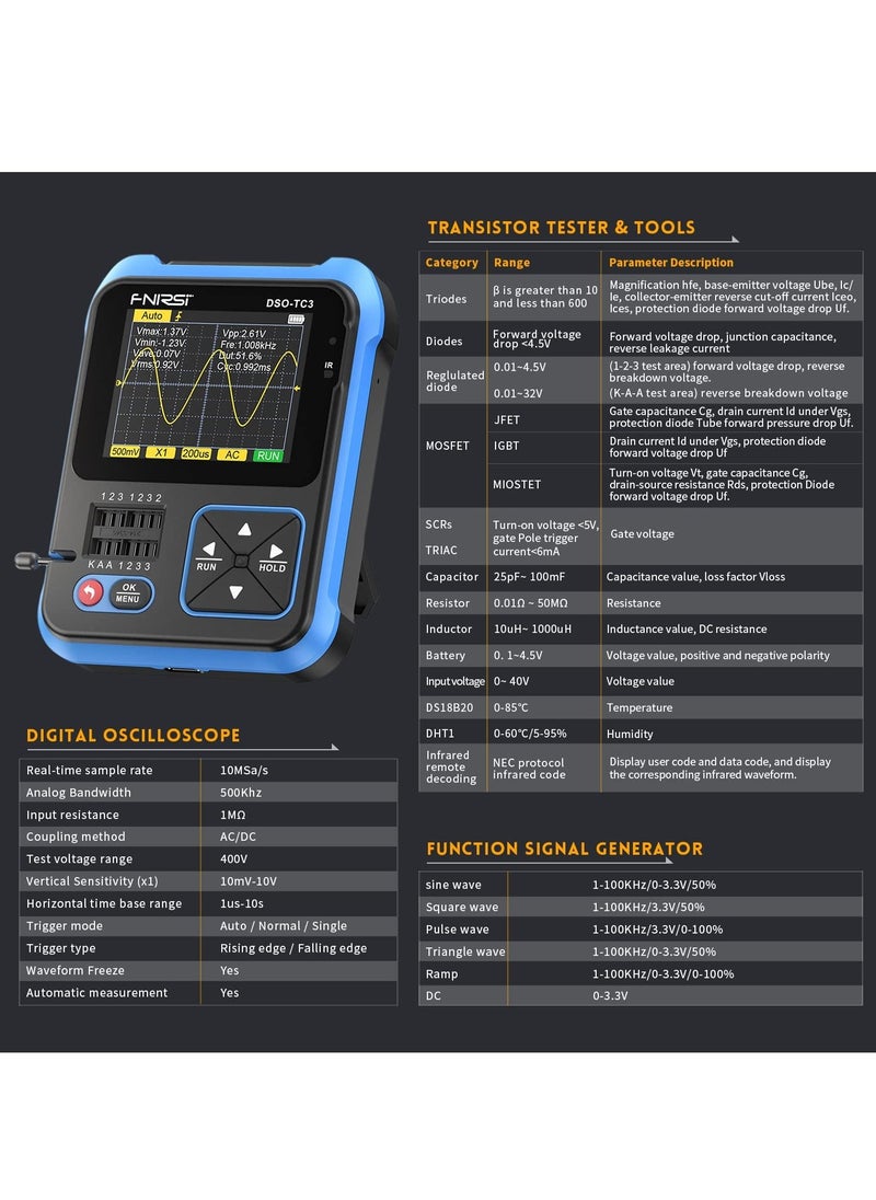 DSO-TC3 Oscilloscope - 3-in-1 Handheld Oscilloscope & DDS Signal Generator & Transistor Tester, 500Khz Bandwidth 10MSa/s Sampling Rate, 6 Types of Waveforms, Transistors Measure - Image 3
