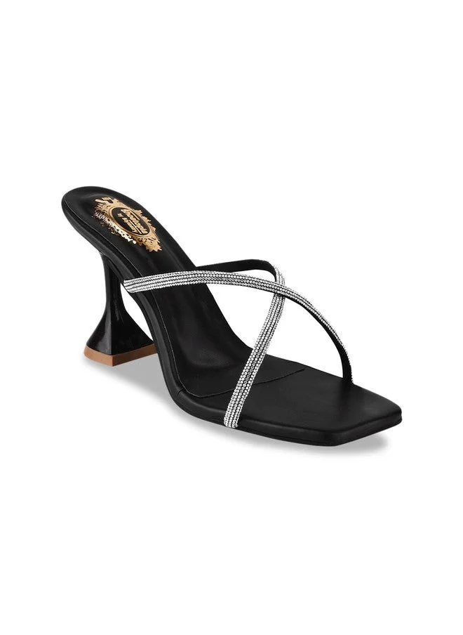 شوتوبيا Shoetopia Women’s Rhinestone Strappy  Heeled Sandals – Square Toe Mule Slides, Sparkly Crystal Thin-Strap Dress Heels with Fla Block Heel – Bridal/Party & Casual Footwear