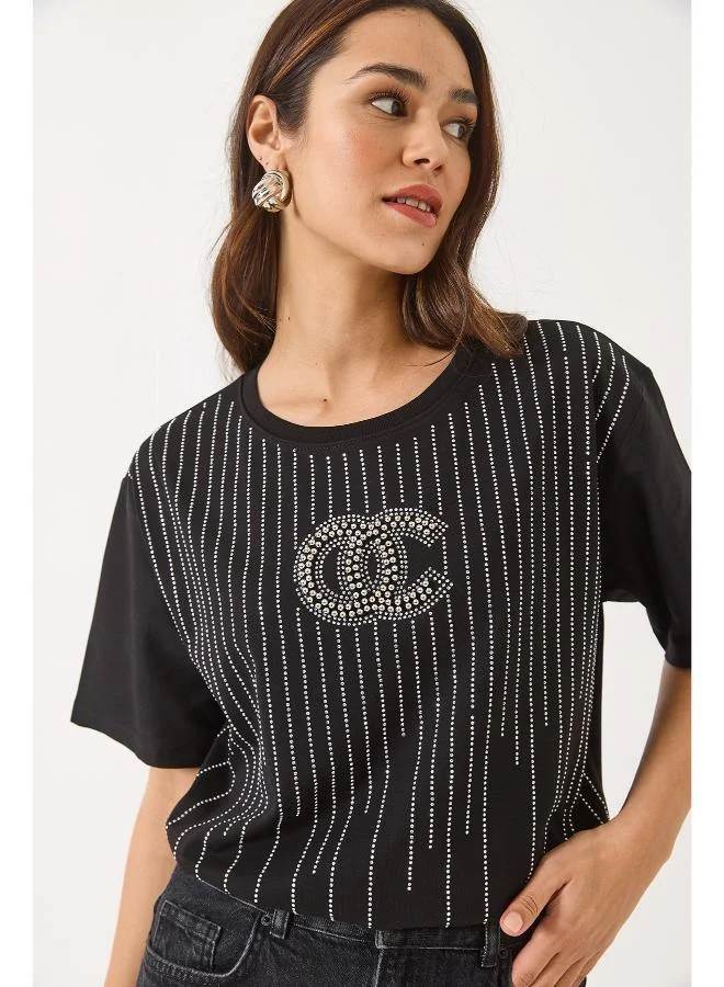 Ginger Crew Neck Rhinestone Embellished T-shirt