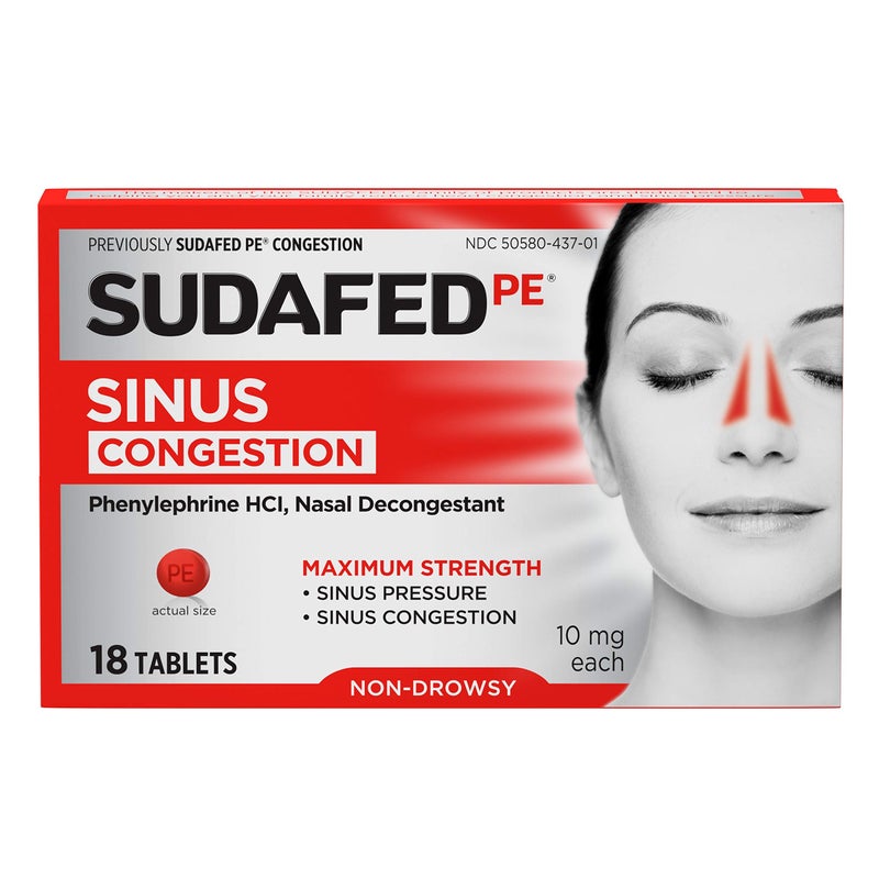 Sudafed PE Sinus Congestion Relief Tablets Maximum Strength NonDrowsy 10 mg Phenylephrine HCI Decongestant for Sinus Pressure Nasal Congestion Relief from colds or Allergies 18 ct