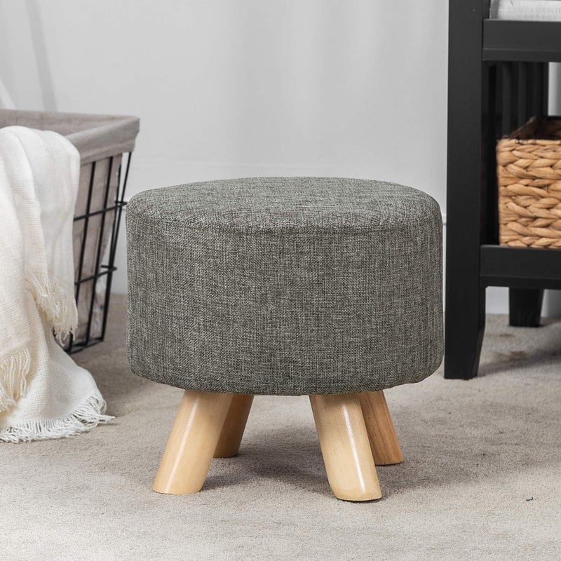 Asense Small Round Ottoman Foot Rest Stool Linen Padded Seat Footstool Ottoman with Anti-Slip Wooden Legs (Gray,Linen) - Image 2