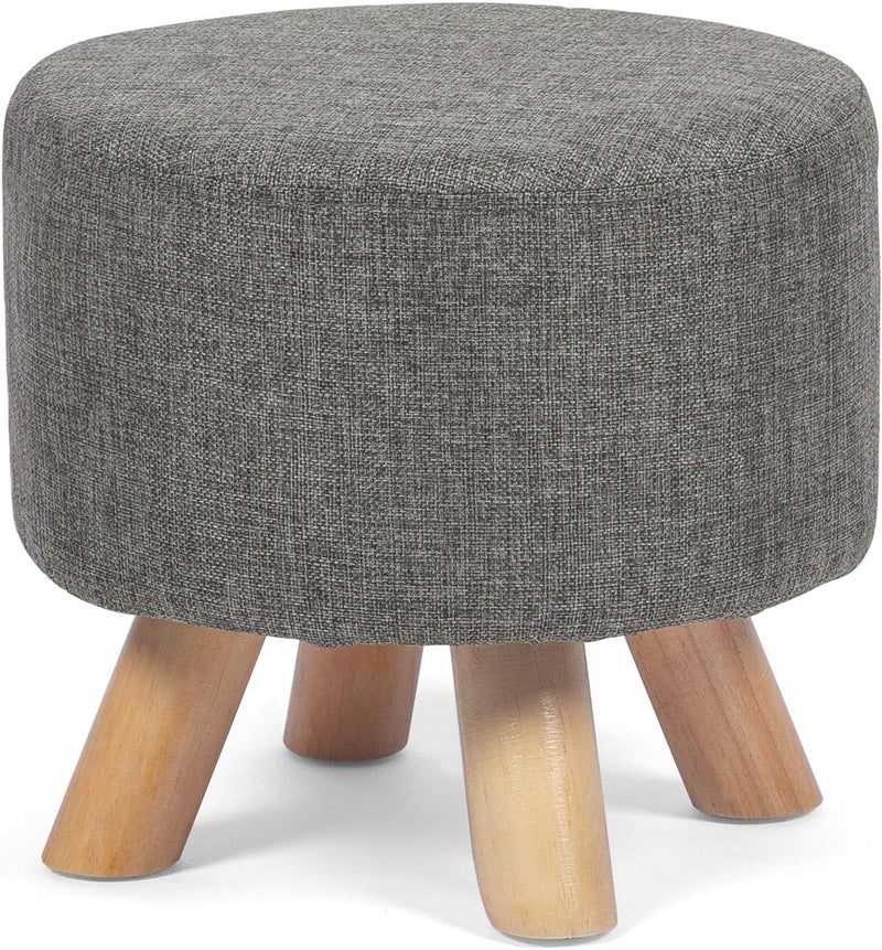 Asense Small Round Ottoman Foot Rest Stool Linen Padded Seat Footstool Ottoman with Anti-Slip Wooden Legs (Gray,Linen) - Image 1