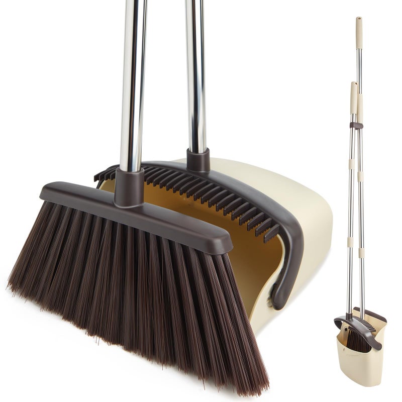 XXFLOWER Broom and Dustpan Set with Long Handle, Heavy Dust Broom and Dustpan Combo for Homeï¼ŒKitchen, Office, Pet Hair(Beige) - Image 1