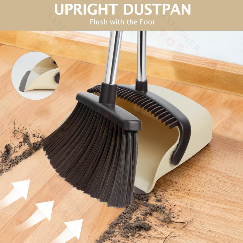 XXFLOWER Broom and Dustpan Set with Long Handle, Heavy Dust Broom and Dustpan Combo for Homeï¼ŒKitchen, Office, Pet Hair(Beige) - Image 5