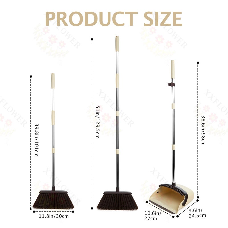 XXFLOWER Broom and Dustpan Set with Long Handle, Heavy Dust Broom and Dustpan Combo for Homeï¼ŒKitchen, Office, Pet Hair(Beige) - Image 2