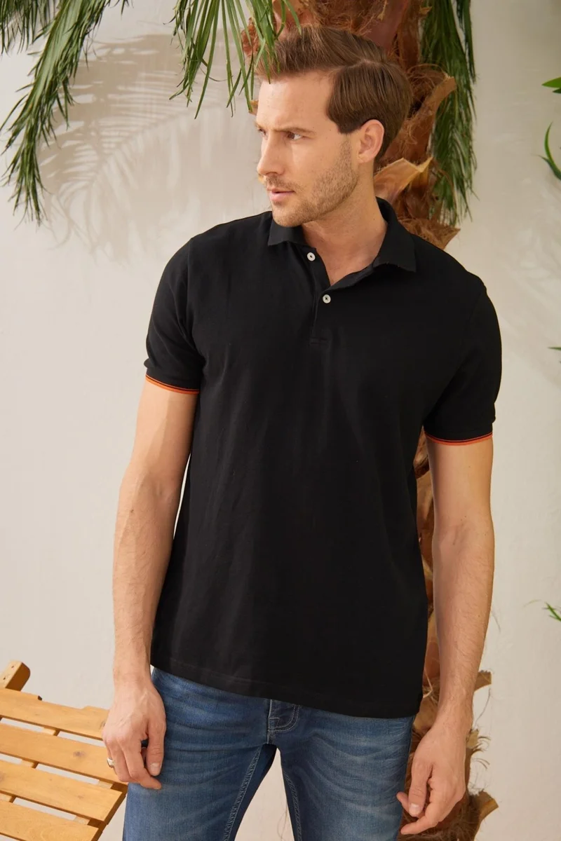 Odelon Men's Interstitial Collar Detailed Cotton Polo Collar T-Shirt Black