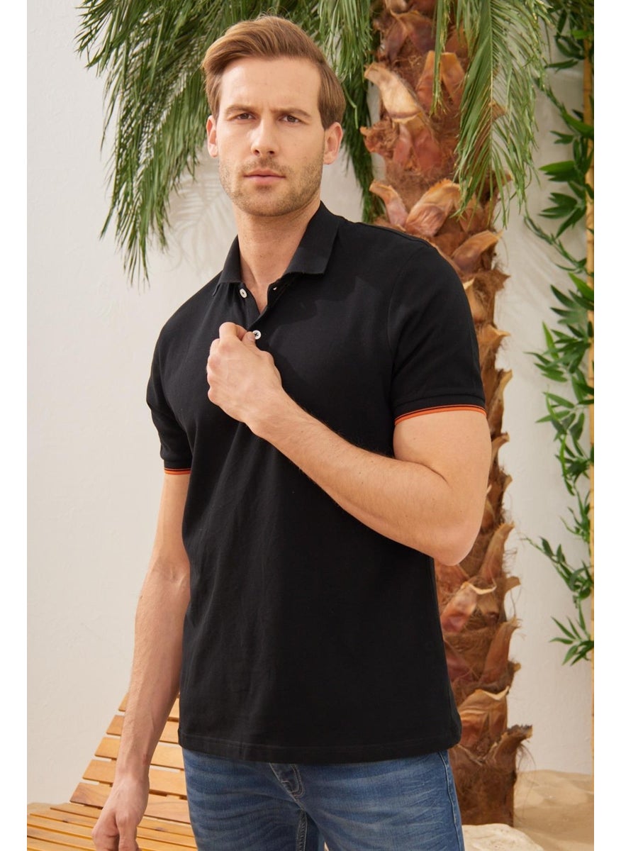 Odelon - Men's Interstitial Collar Detailed Cotton Polo Collar T-Shirt Black - Image 1