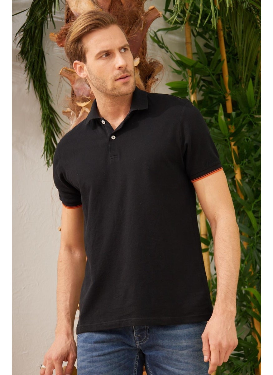 Odelon - Men's Interstitial Collar Detailed Cotton Polo Collar T-Shirt Black - Image 1