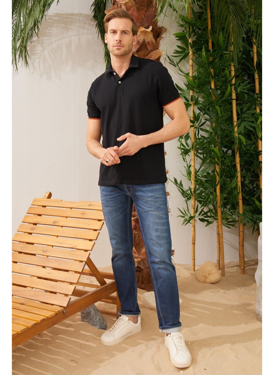 Odelon - Men's Interstitial Collar Detailed Cotton Polo Collar T-Shirt Black - Image 1