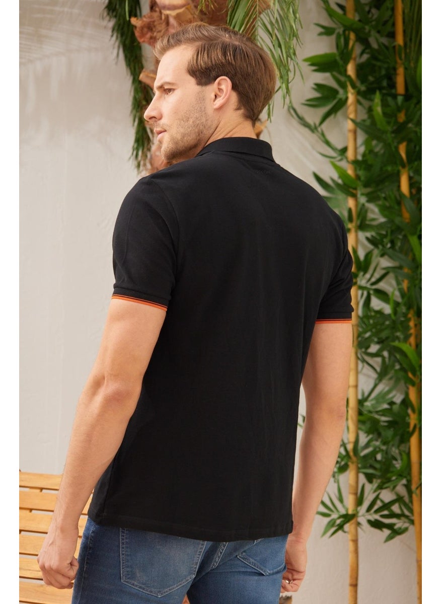 Odelon - Men's Interstitial Collar Detailed Cotton Polo Collar T-Shirt Black - Image 1