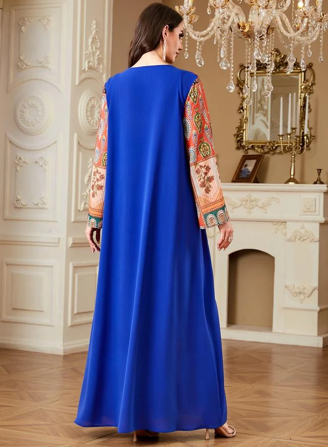 تايك تو Blue V-Neck Embroidered Maxi Jalabiya