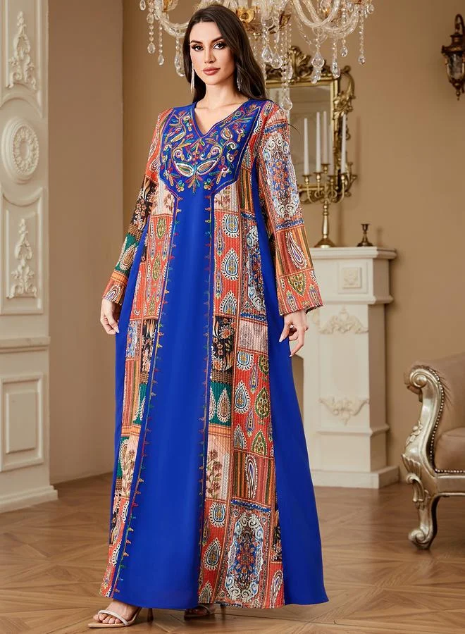 تايك تو Blue V-Neck Embroidered Maxi Jalabiya