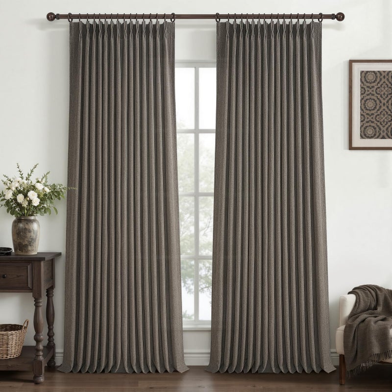 PleatedDrapes Pleated Chocolate Tart Natural Linen Curtains 96 Inches Long for Sliding Glass Doors, Memory Trained Semi Sheer Drapes Light Filtering Privacy 8FT Length Rustic Windows Curtain 2 Panels Set Back Tab - Image 1