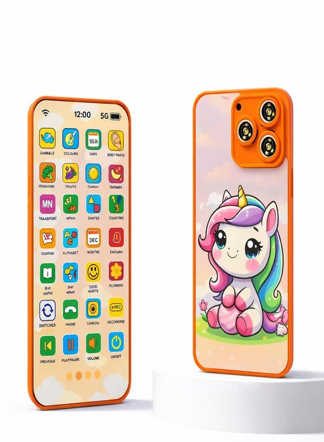 ويش كي هاتف Wishkey التعليمي للأطفال بتصميم يونيكورن، 28 وظيفة، قابل لإعادة الشحن، لعبة تعليمية متنقلة مع 22 ميزة، يدعم اللغتين الإنجليزية والهندية، مناسب للأطفال الصغار من عمر سنتين فما فوق. - Image 1