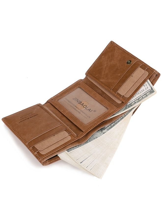 JINBAOLAI Men's Tri-Fold Leather Wallet Brown - Image 4