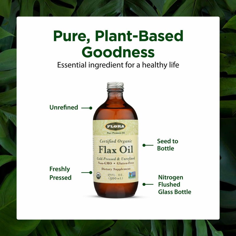 Flora Certified Organic Flax Seed Oil - Cold Pressed & Unrefined - Non-GMO, Gluten-Free, Kosher Omega Flax Oil Blend - Essential Fatty Acids for Wellness - Amber Glass Bottle - 17 oz - Image 4
