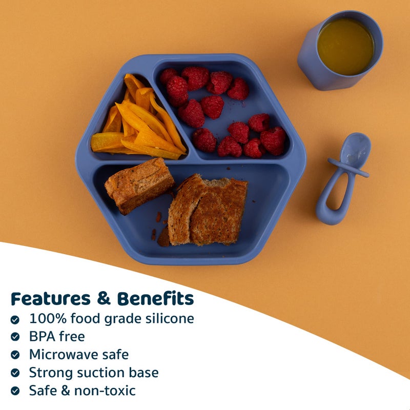 Tiny Twinkle Silicone Suction Baby Plate, Suction Grip Divided Dish for First Foods and Self-Feeding Toddlers, Baby Led Weaning Supplies for Independent Eating (Indigo Plate with Lid) - Image 5