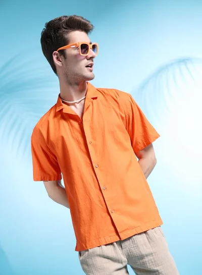 The Indian Garage Co Men Relaxed Fit Solid Half Sleeves Cuban Collar Resort Wear Shirt