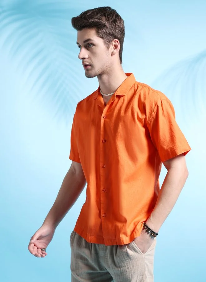 شركة المرآب الهندية Men Relaxed Fit Solid Half Sleeves Cuban Collar Resort Wear Shirt