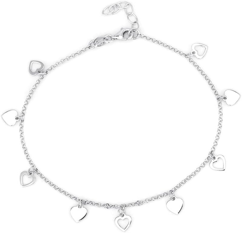 Vanbelle Store Sterling Silver Jewelry - Rhodium Plated 925 Stamp - Dangling Open and Close Heart Charm Anklet - Foot Jewelry Stylish Beautifully Designed - 9" Long + 1" Extender - Image 1