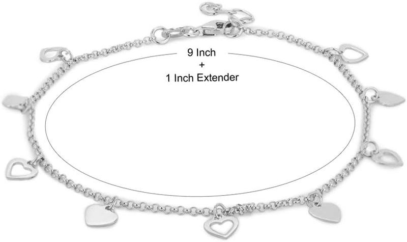 Vanbelle Store Sterling Silver Jewelry - Rhodium Plated 925 Stamp - Dangling Open and Close Heart Charm Anklet - Foot Jewelry Stylish Beautifully Designed - 9" Long + 1" Extender - Image 3