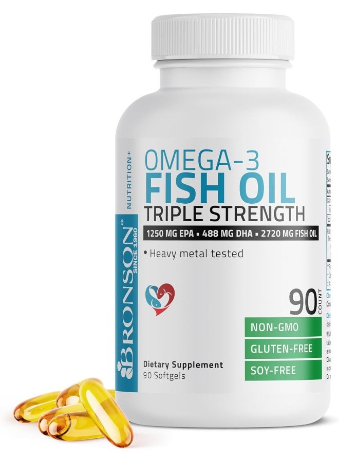Bronson زيت السمك أوميغا 3 من برونسون، قوة ثلاثية 2720 ملغ، غير معدّل وراثيًا، خالي من الغلوتين، خالي من الصويا، مختبر للمعادن الثقيلة، 1250 EPA 488 DHA، 90 كبسولة لينة - Image 1