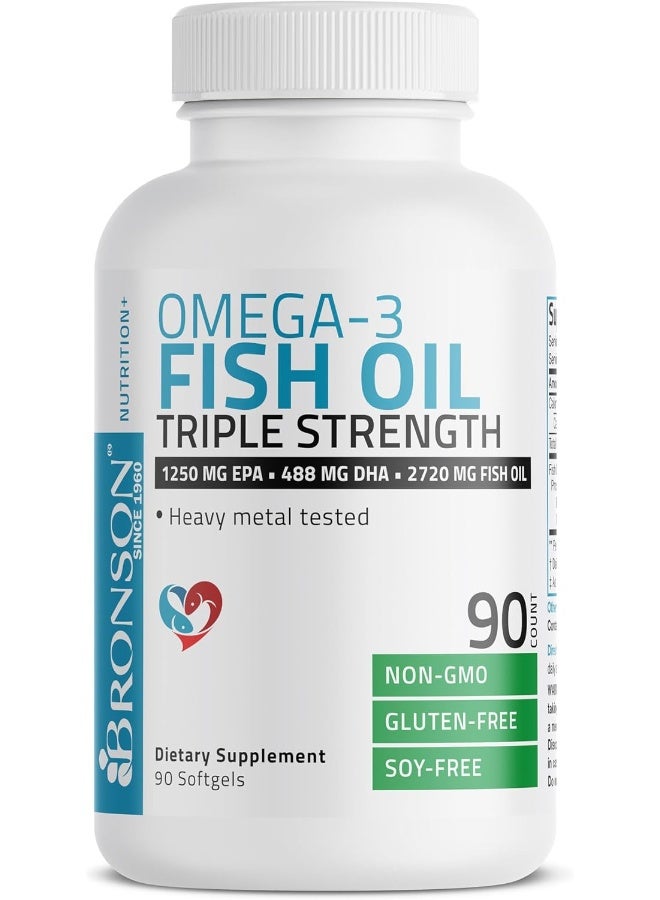 Bronson زيت السمك أوميغا 3 من برونسون، قوة ثلاثية 2720 ملغ، غير معدّل وراثيًا، خالي من الغلوتين، خالي من الصويا، مختبر للمعادن الثقيلة، 1250 EPA 488 DHA، 90 كبسولة لينة - Image 3