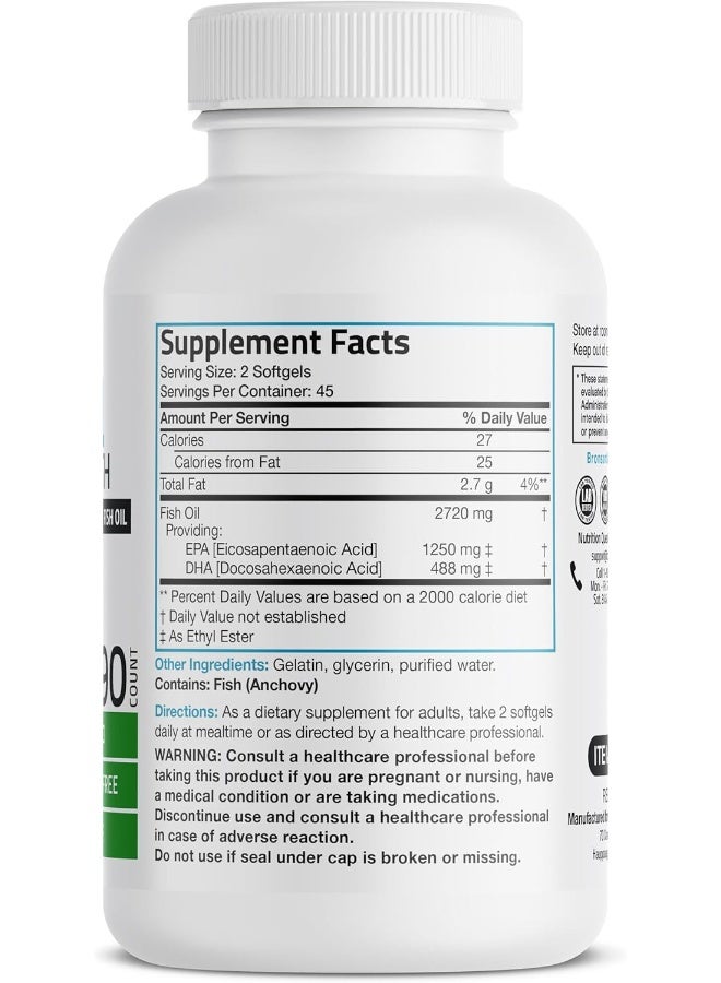 Bronson زيت السمك أوميغا 3 من برونسون، قوة ثلاثية 2720 ملغ، غير معدّل وراثيًا، خالي من الغلوتين، خالي من الصويا، مختبر للمعادن الثقيلة، 1250 EPA 488 DHA، 90 كبسولة لينة - Image 2