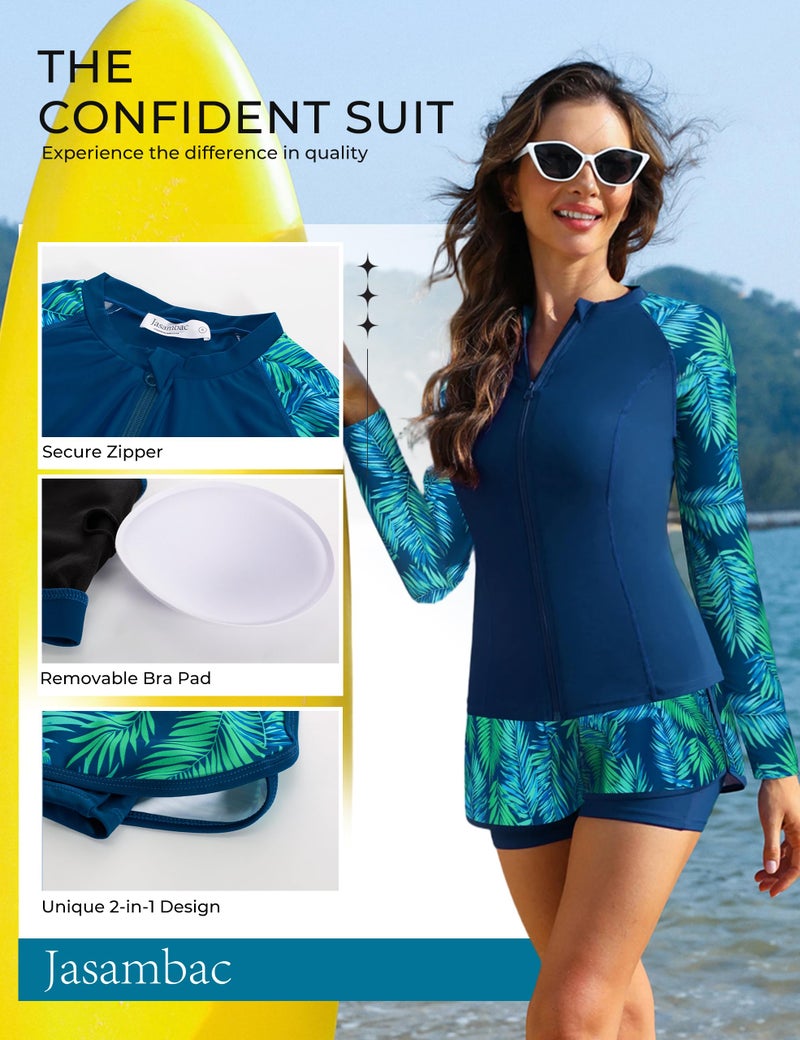JASAMBAC Women Swimsuits Bathing Suits 2026, 3 Piece Tummy Control Swimsuit Swimwear, Modest Long Sleeve Rash Guard Shirts with Shorts - Image 4
