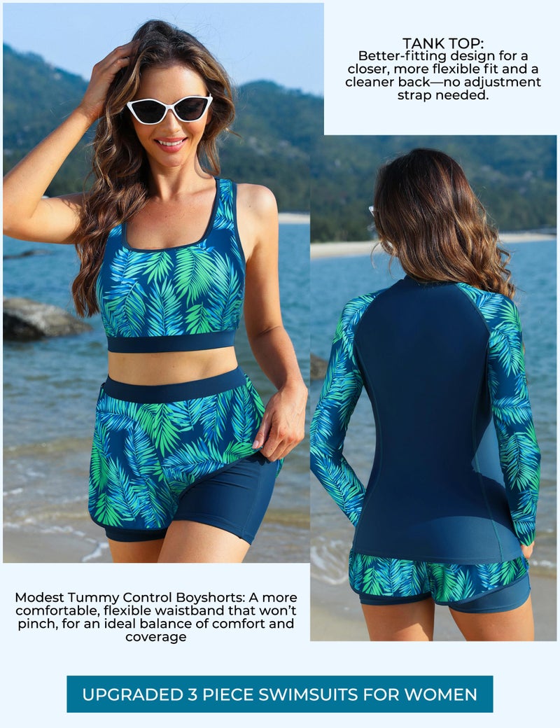 JASAMBAC Women Swimsuits Bathing Suits 2026, 3 Piece Tummy Control Swimsuit Swimwear, Modest Long Sleeve Rash Guard Shirts with Shorts - Image 3