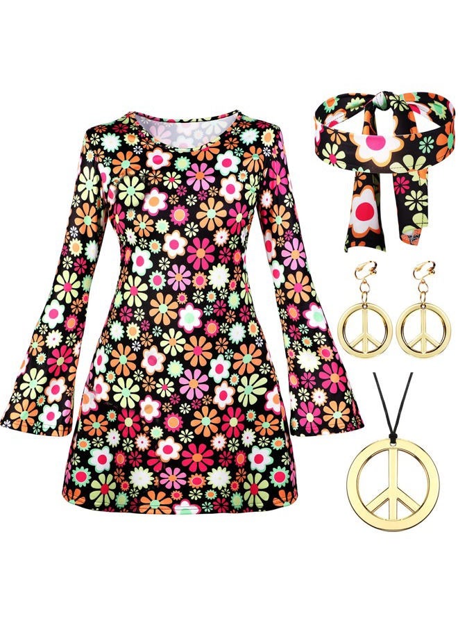 Haysandy 70s 80s Women Hippie Costume Set Disco Outfit Women Peace Sign Earring Necklace Headband Dress for Halloween Cosplay (Medium) - Image 1