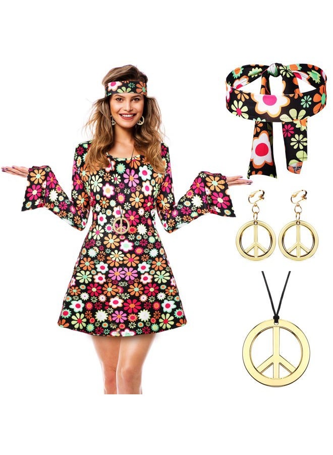 Haysandy 70s 80s Women Hippie Costume Set Disco Outfit Women Peace Sign Earring Necklace Headband Dress for Halloween Cosplay (Medium) - Image 2