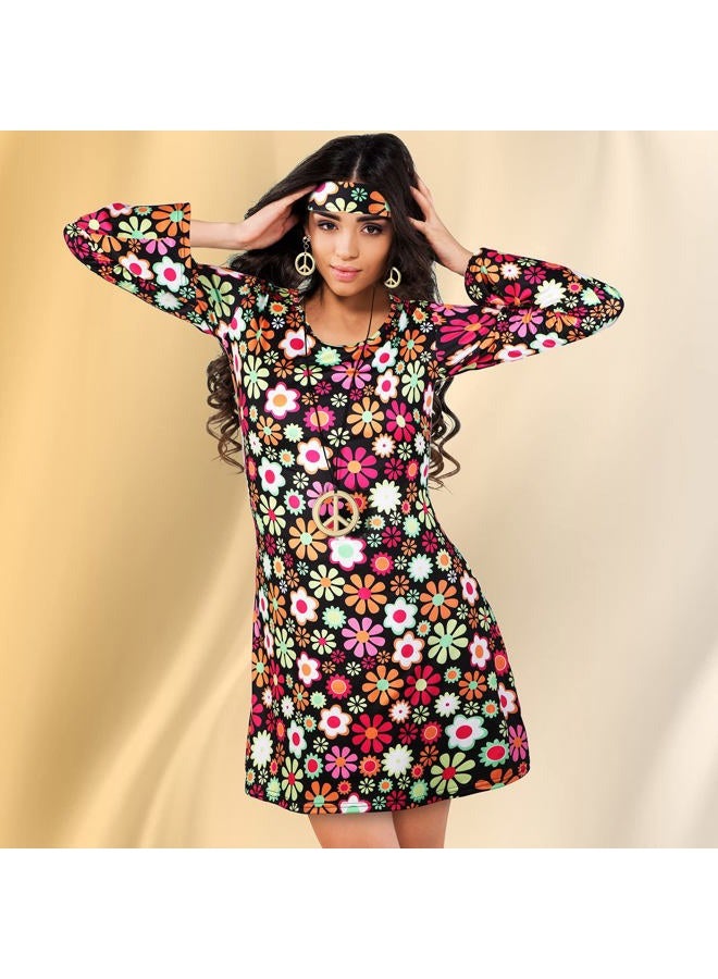 Haysandy 70s 80s Women Hippie Costume Set Disco Outfit Women Peace Sign Earring Necklace Headband Dress for Halloween Cosplay (Medium) - Image 4