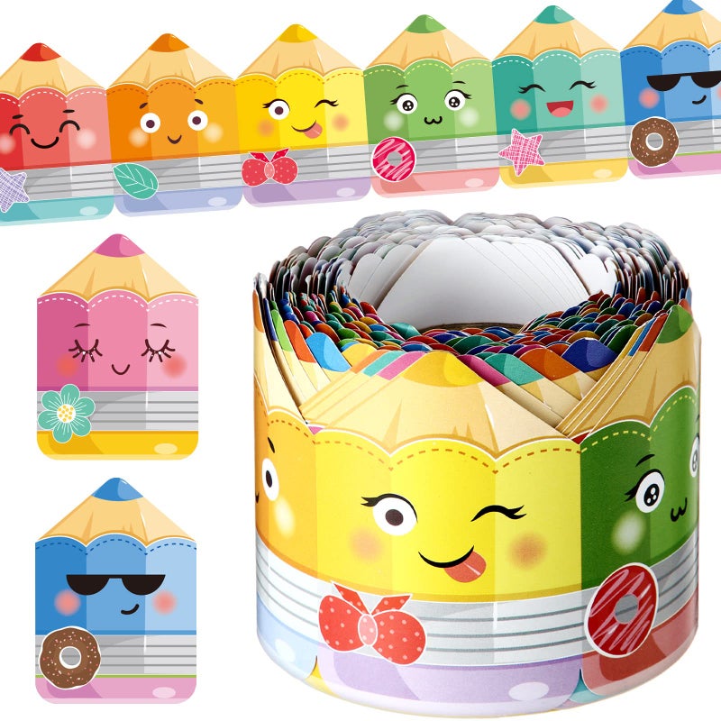 Eersida 65.6 ft Colorful Pencil Bulletin Board Borders Cute Faces Pencils Border Trim Pencils Paper Cutouts Classroom Decorations for Preschool Daycare Kindergarten Chalkboard Desks Windows (Pencil) - Image 1